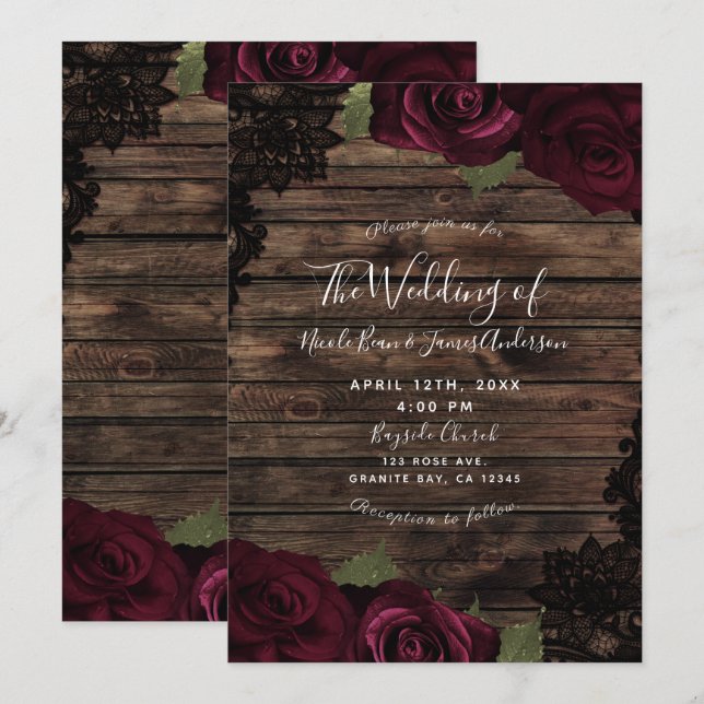 Dark Burgundy Roses Wood Black Lace Wedding Invitation (Front/Back)