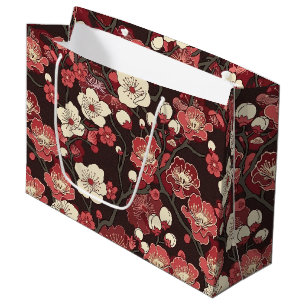 Dark Burgundy Sakura Floral Coral Blossom Pattern Large Gift Bag