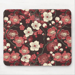 Dark Burgundy Sakura Floral Coral Blossom Pattern Mouse Mat
