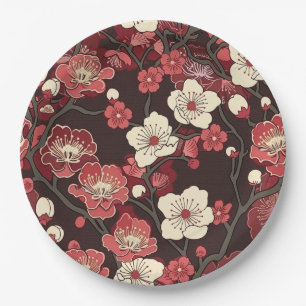 Dark Burgundy Sakura Floral Coral Blossom Pattern Paper Plate