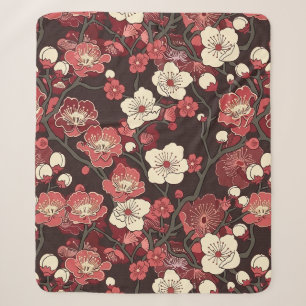 Dark Burgundy Sakura Floral Coral Blossom Pattern Sherpa Blanket