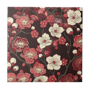 Dark Burgundy Sakura Floral Coral Blossom Pattern Tile