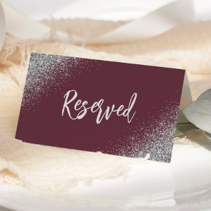 Dark Burgundy Silver Glitter Reserved Wedding Place Card