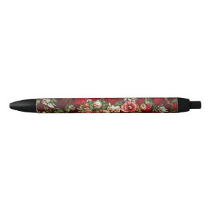 Dark Burgundy Victorian Rose Floral Ribbon Pattern Black Ink Pen