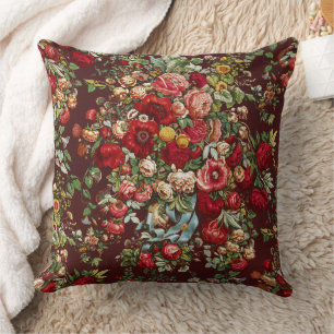 Dark Burgundy Victorian Rose Floral Ribbon Pattern Cushion