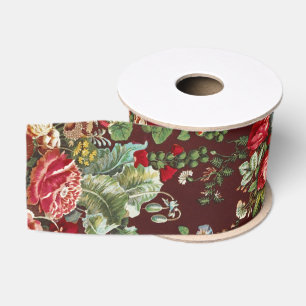 Dark Burgundy Victorian Rose Floral Ribbon Pattern Grosgrain Ribbon