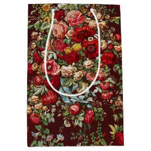 Dark Burgundy Victorian Rose Floral Ribbon Pattern Medium Gift Bag