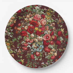 Dark Burgundy Victorian Rose Floral Ribbon Pattern Paper Plate