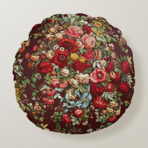 Dark Burgundy Victorian Rose Floral Ribbon Pattern Round Cushion