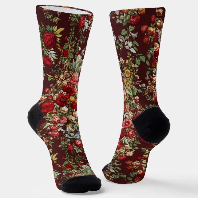 Dark Burgundy Victorian Rose Floral Ribbon Pattern Socks (Angled)