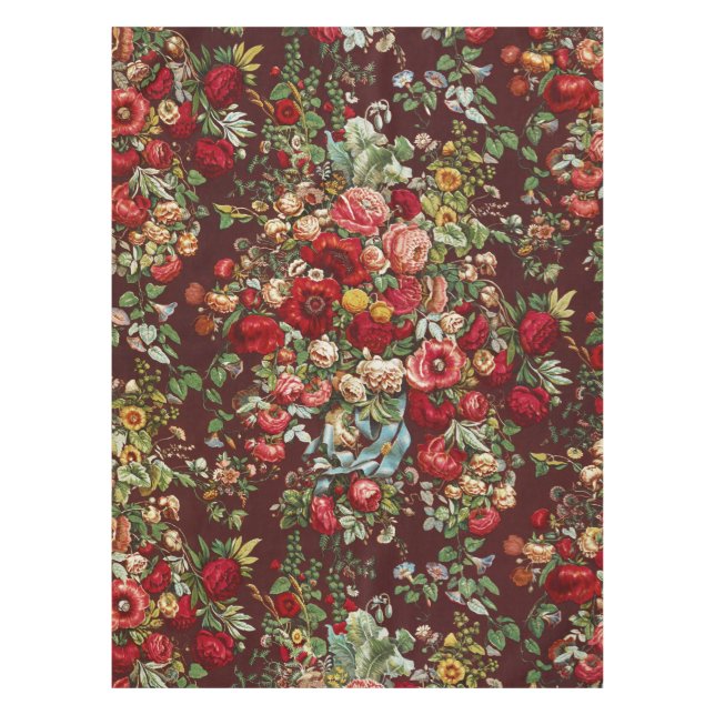 Dark Burgundy Victorian Rose Floral Ribbon Pattern Tablecloth (Front)