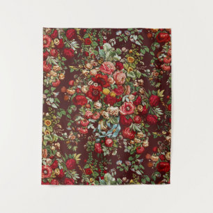 Dark Burgundy Victorian Rose Floral Ribbon Pattern Tapestry