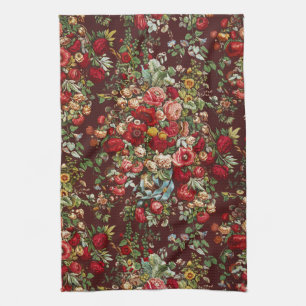 Dark Burgundy Victorian Rose Floral Ribbon Pattern Tea Towel