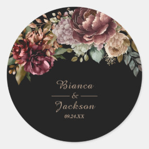 Dark Burgundy Watercolor Floral Wedding favour  Classic Round Sticker