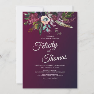 Dark Burgundy Watercolor Floral Wedding Invitation