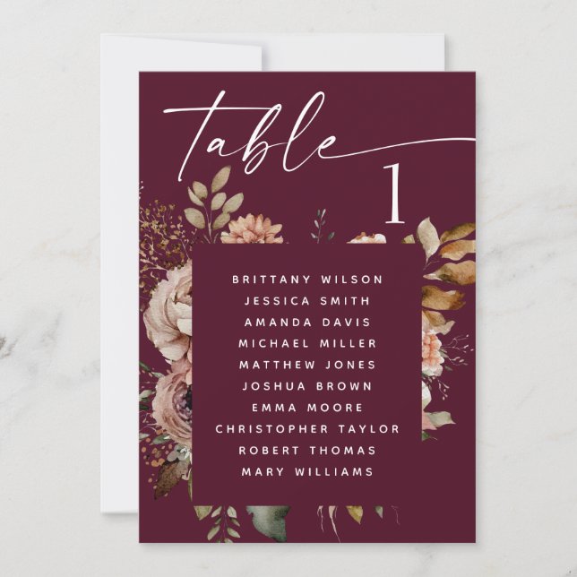 Dark Burgundy Wedding Seating Chart | Boho Floral Invitation (Front)
