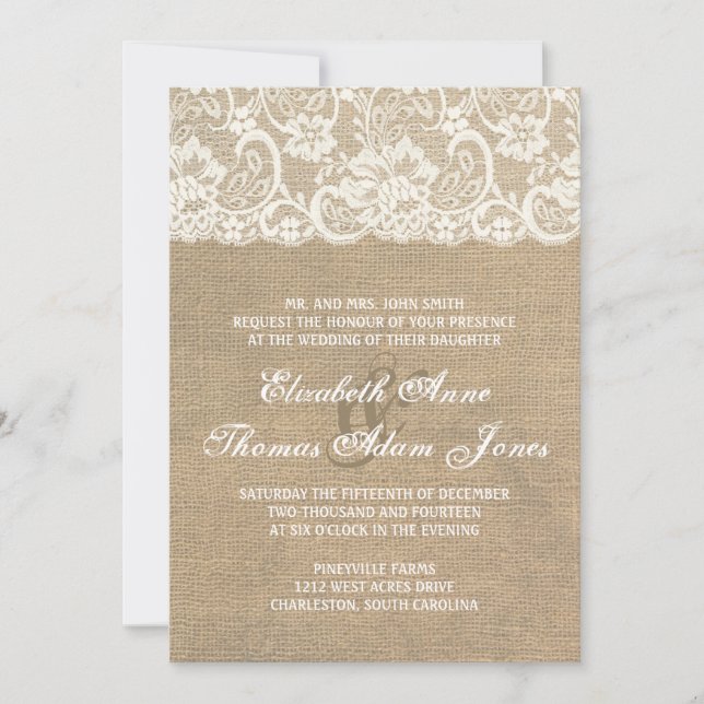 Dark Burlap and Lace Rustic Wedding Invitation (Front)