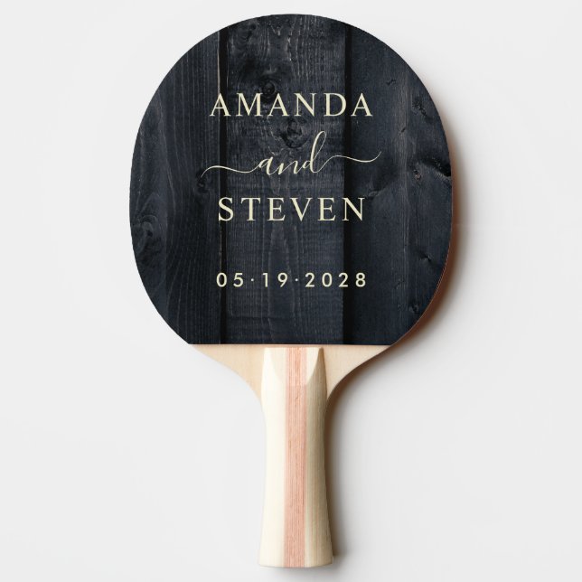 Dark Burnt Wood Couple Names with Wedding Ping Pong Paddle (Back)
