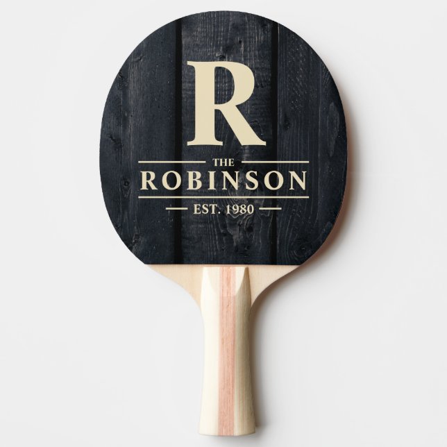 Dark Burnt Wood Family Name & Initial Ping Pong Paddle (Front)