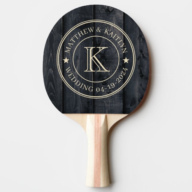 Dark Burnt Wood Wedding Monogram Star Ping Pong Paddle (Back)