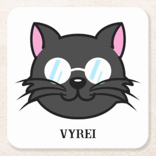 Dark Cat Black Cat Grey Cat Wearing Glasses Square Paper Coaster