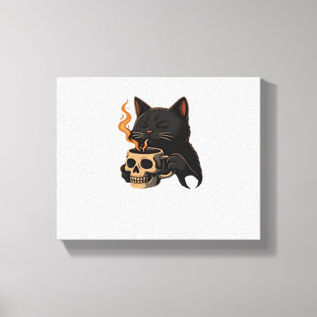 Dark Cat Coffee With Skull Mug Oversized T-Shirt Canvas Print (Front)