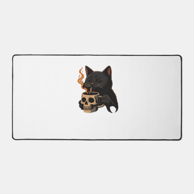 Dark Cat Coffee With Skull Mug Oversized T-Shirt Desk Mat (Front)