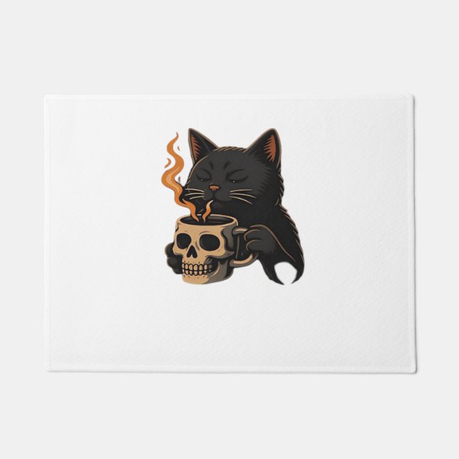 Dark Cat Coffee With Skull Mug Oversized T-Shirt Doormat (Front)