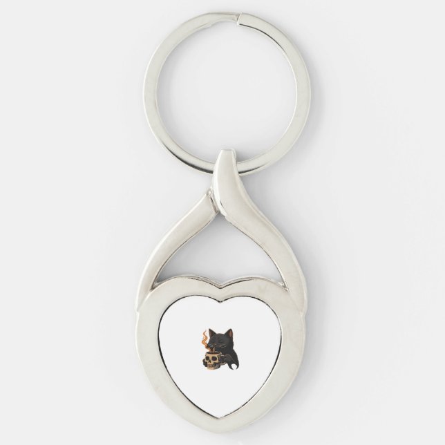 Dark Cat Coffee With Skull Mug Oversized T-Shirt Key Ring (Front)