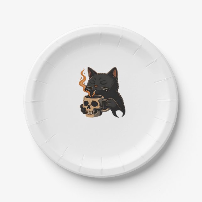 Dark Cat Coffee With Skull Mug Oversized T-Shirt Paper Plate (Front)