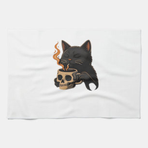 Dark Cat Coffee With Skull Mug Oversized T-Shirt Tea Towel