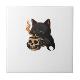 Dark Cat Coffee With Skull Mug Oversized T-Shirt Tile