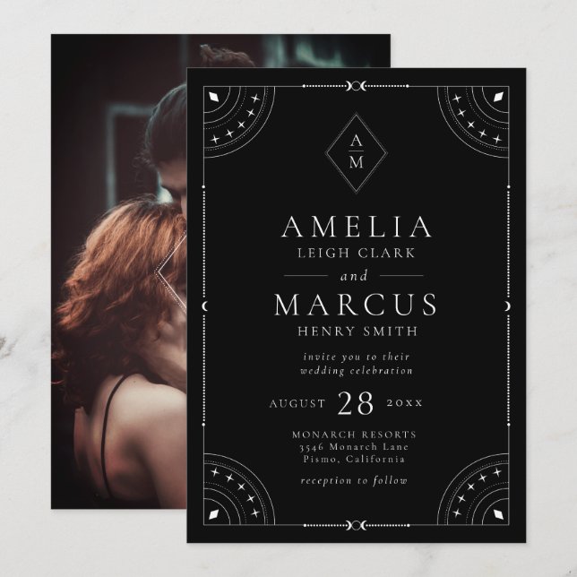 Dark Celestial Moon & Stars Wedding Invitation (Front/Back)