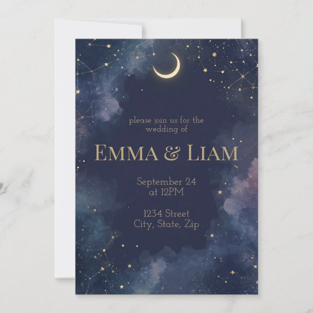 Dark Celestial Wedding Invitation | Crescent Moon (Front)
