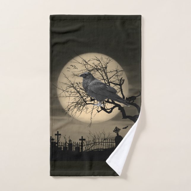 Dark Cemetary with Raven Halloween Hand Towel (Hand Towel)