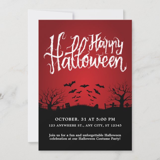 Dark Cemetery Bats Black And Red Halloween Party Invitation (Front)