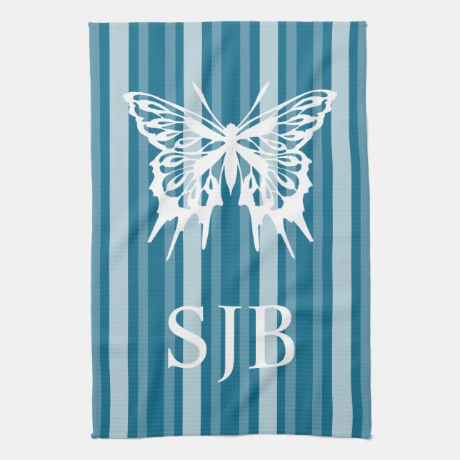 Dark Cerulean Victorian Stripe Butterfly Monogram Tea Towel (Vertical)