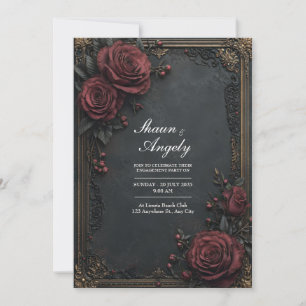 Dark Charcoal Burgundy Rose Floral Wedding Invitation