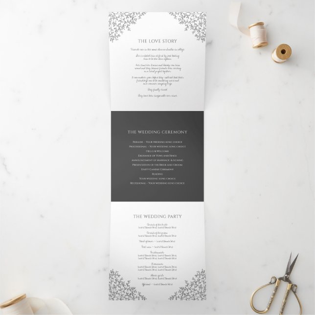 Dark charcoal grey monogram art love story wedding Tri-Fold programme (Inside)