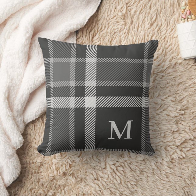 Dark Charcoal Grey Tartan Plaid with Monogram Cushion (Blanket)