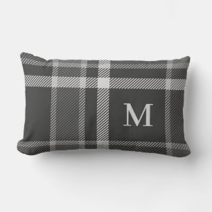 Dark Charcoal Grey Tartan Plaid with Monogram Lumbar Cushion