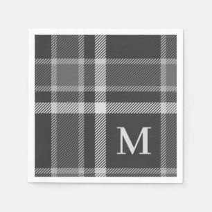 Dark Charcoal Grey Tartan Plaid with Monogram Napkin
