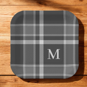 Dark Charcoal Grey Tartan Plaid with Monogram Paper Plate