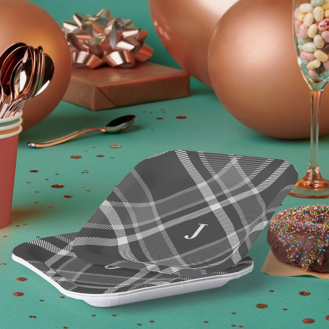 Dark Charcoal Grey Tartan Plaid with Monogram Paper Plate (Creator Uploaded)