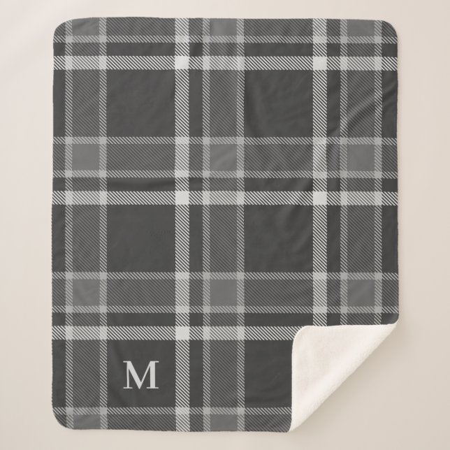 Dark Charcoal Grey Tartan Plaid with Monogram Sherpa Blanket (Front)