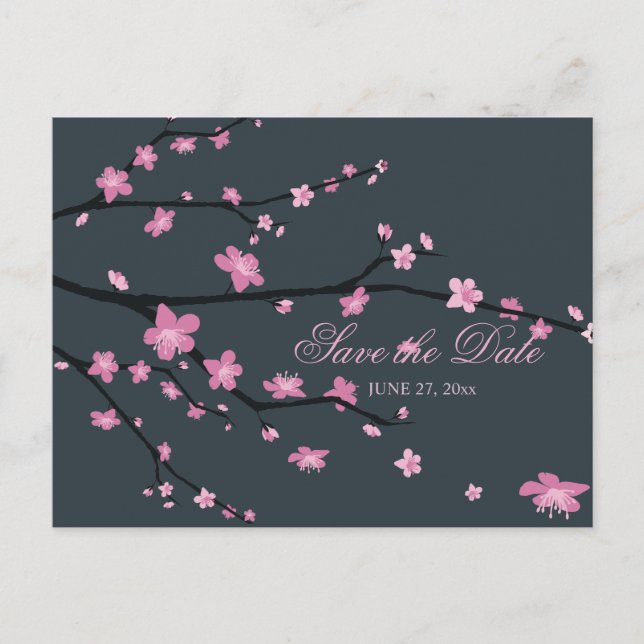 Dark Cherry Blossom Wedding Save The Date Postcard (Front)