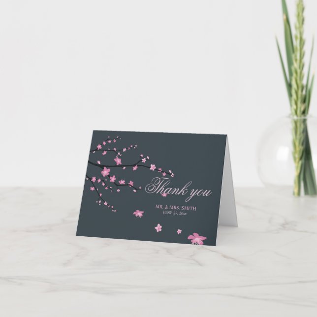 Dark Cherry Blossom Wedding Thank You Note Card (Front)