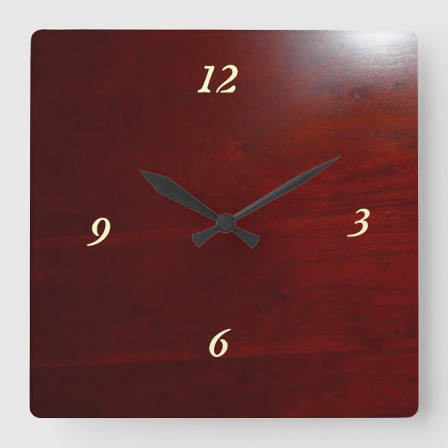 Dark cherry wood look square wall clock (Front)