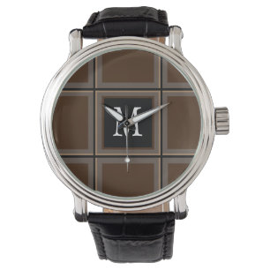 Dark Chocolate Brown Custom Single Initial Striped Watch