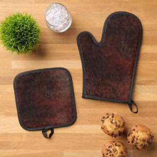 Dark Chocolate Brown Leather Oven Mitt & Pot Holder Set